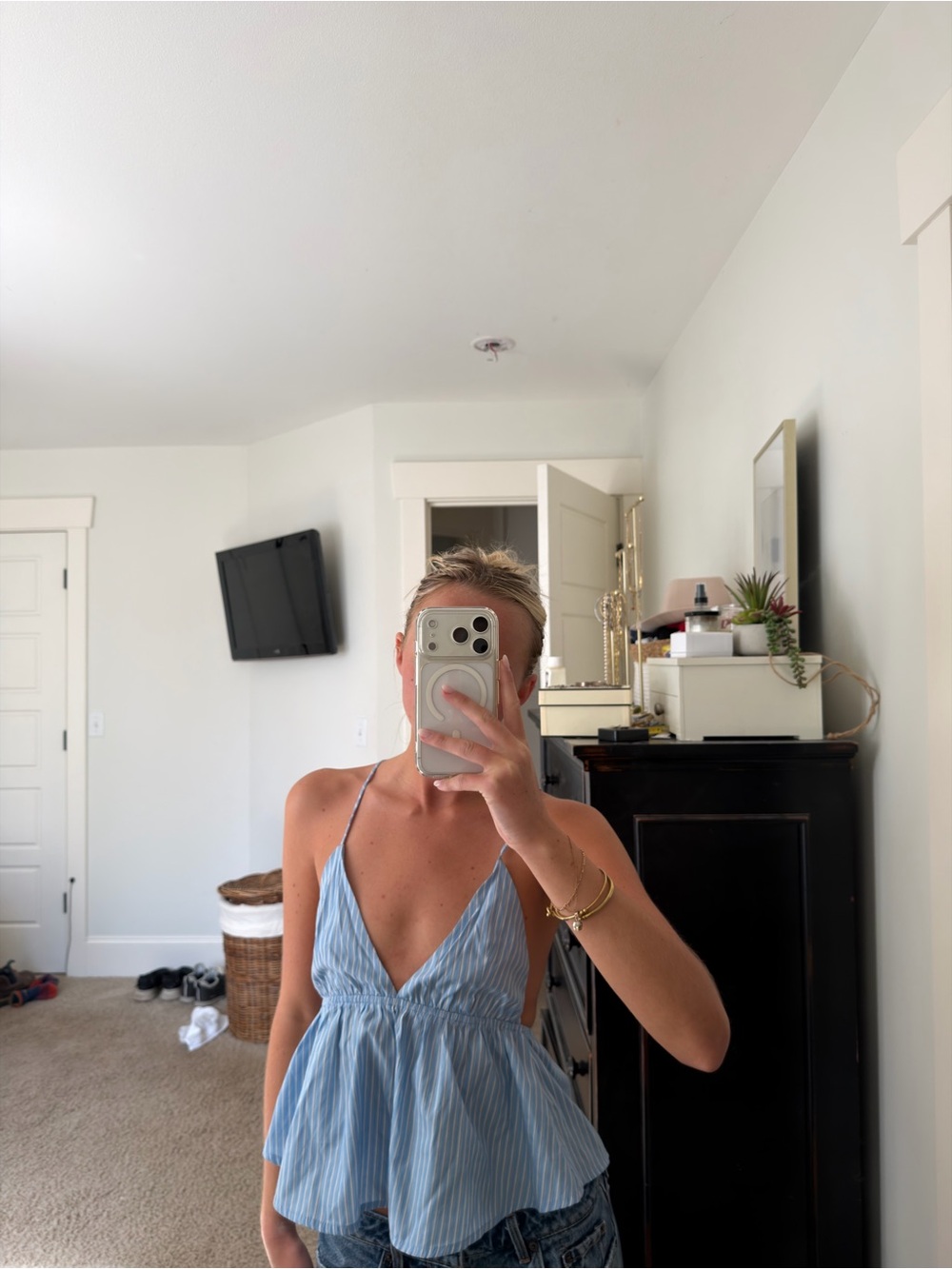 Light Blue Striped Camisole Halter Top